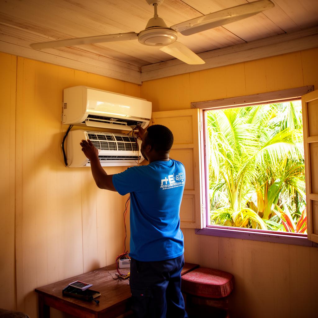 Technicien Guyane Clim installant une climatisation murale dans une maison créole en Guyane